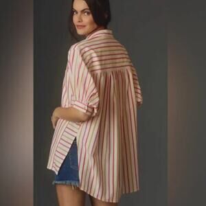 Anthropologie Pilcro Painter Button Up Shirt Womens Medium Pink Stripe Oversized